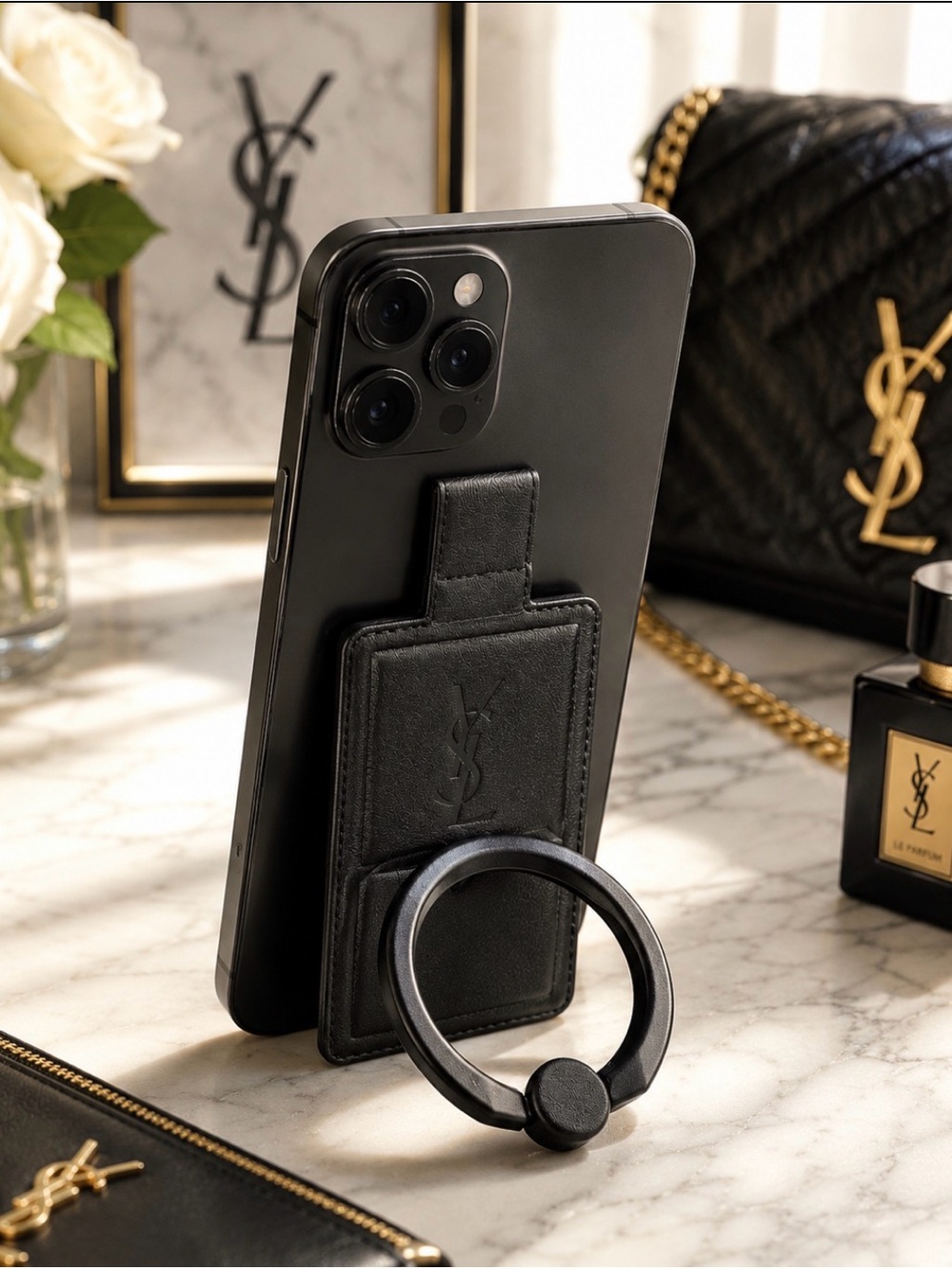 Yves Saint Laurent Black Phone Ring Grip Case Accessory